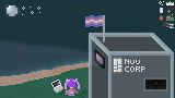 a pixel art illustration of mae's oc sitting on grass by the beach next to a building that says NUU CORP with a transgender flag on top. there is a moon in the corner of the frame and icons in the other corner